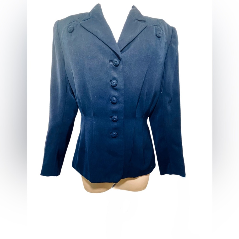 Vintage 40s navy gabardine fitted, two pocket, lilli ann like jacket Sz 6